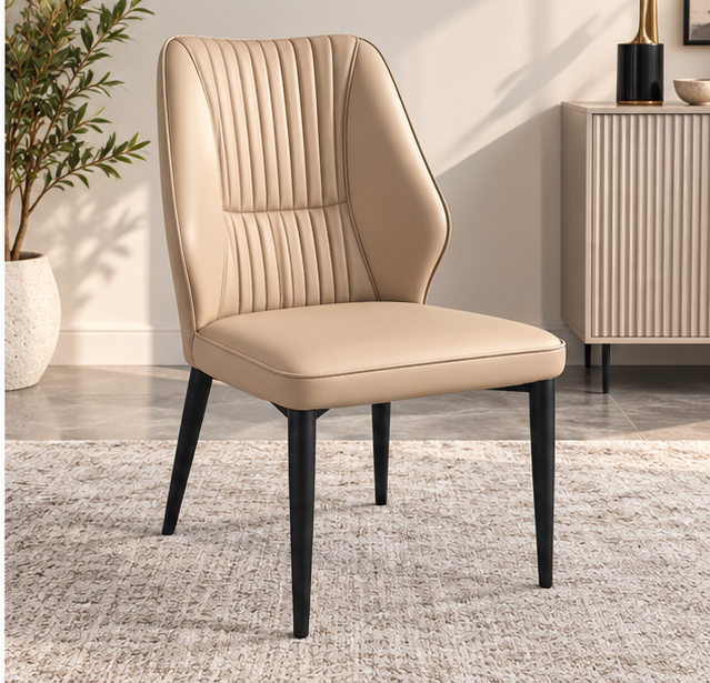 Modern Beige Upholstered Dining Chair – Elegant Vertical Stitching & Black Metal Legs （set of 4）
