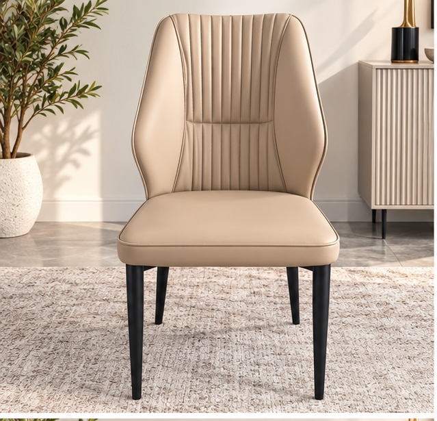 Modern Beige Upholstered Dining Chair – Elegant Vertical Stitching & Black Metal Legs （set of 4）