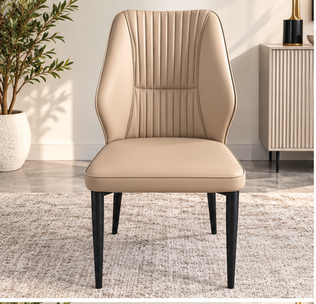 Modern Beige Upholstered Dining Chair – Elegant Vertical Stitching & Black Metal Legs （set of 4）