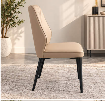 Modern Beige Upholstered Dining Chair – Elegant Vertical Stitching & Black Metal Legs （set of 4）
