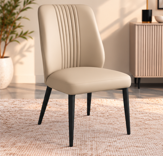 Set of 4 Modern Warm Beige Dining Chairs – Vertical Stitch Backrest & Black Metal Legs