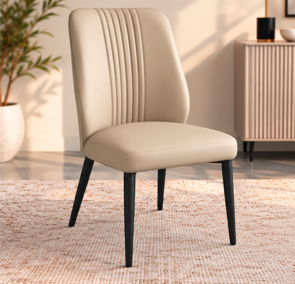 Set of 4 Modern Warm Beige Dining Chairs – Vertical Stitch Backrest & Black Metal Legs