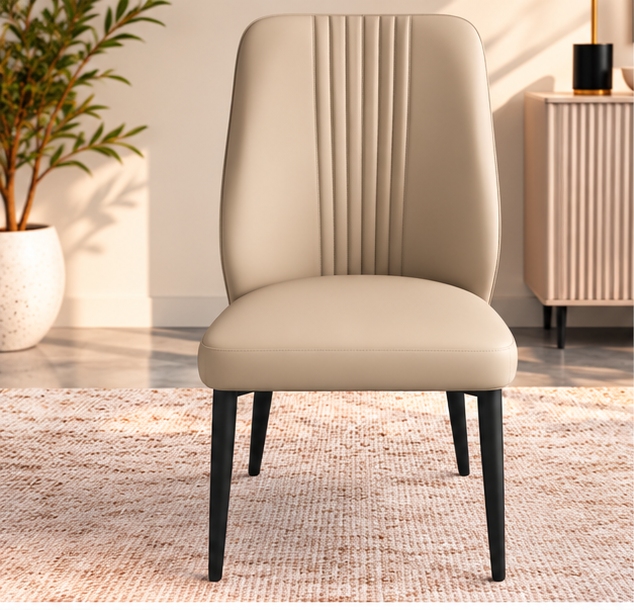 Set of 4 Modern Warm Beige Dining Chairs – Vertical Stitch Backrest & Black Metal Legs