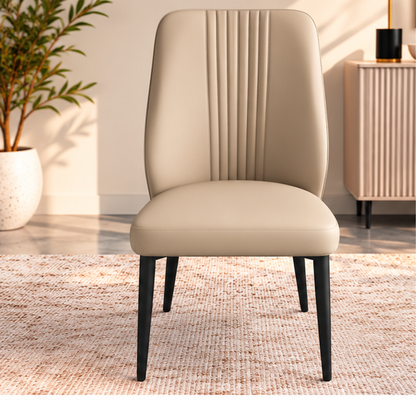 Set of 4 Modern Warm Beige Dining Chairs – Vertical Stitch Backrest & Black Metal Legs
