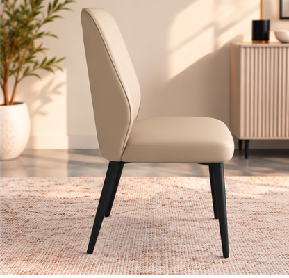 Set of 4 Modern Warm Beige Dining Chairs – Vertical Stitch Backrest & Black Metal Legs