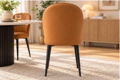 Modern Tan Brown Upholstered Dining Chair – Elegant Curved Back with Black Metal Legs [Set of 4]