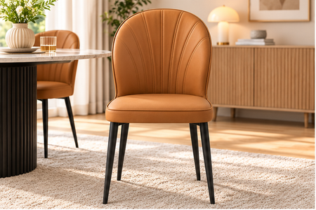 Modern Tan Brown Upholstered Dining Chair – Elegant Curved Back with Black Metal Legs [Set of 4]
