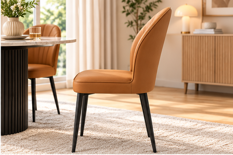Modern Tan Brown Upholstered Dining Chair – Elegant Curved Back with Black Metal Legs [Set of 4]