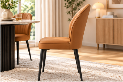 Modern Tan Brown Upholstered Dining Chair – Elegant Curved Back with Black Metal Legs [Set of 4]