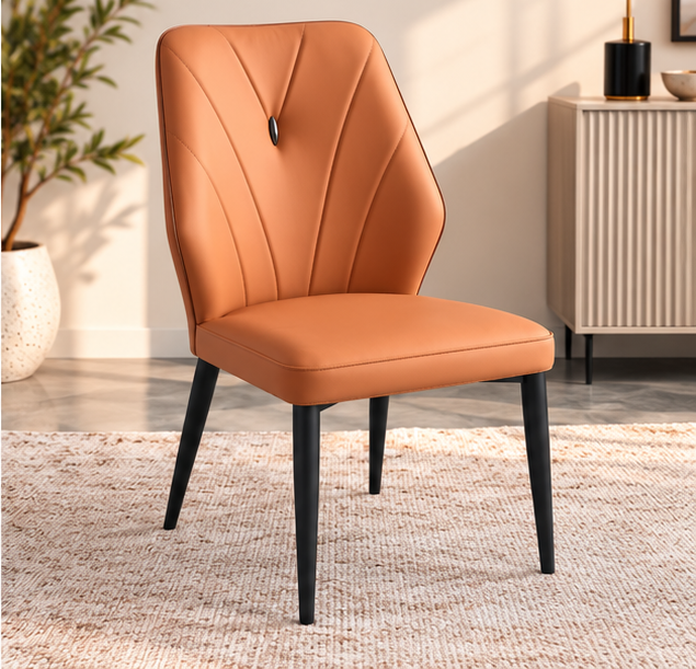Set of 4 Modern Cognac Brown Dining Chairs – V-Stitched Backrest & Black Metal Legs