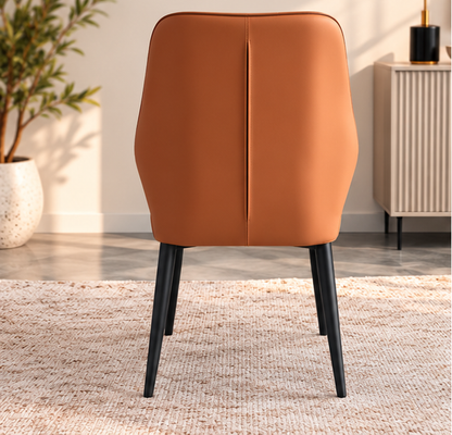 Set of 4 Modern Cognac Brown Dining Chairs – V-Stitched Backrest & Black Metal Legs