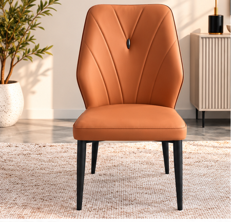 Set of 4 Modern Cognac Brown Dining Chairs – V-Stitched Backrest & Black Metal Legs