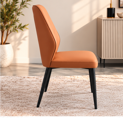 Set of 4 Modern Cognac Brown Dining Chairs – V-Stitched Backrest & Black Metal Legs