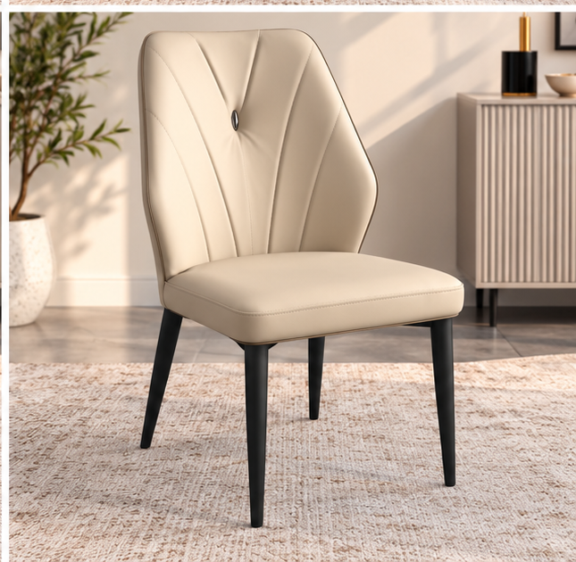 Set of 4 Modern Cream Beige Dining Chairs – Elegant V-Stitched Backrest & Black Metal Legs