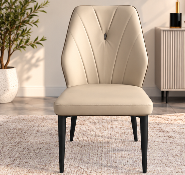 Set of 4 Modern Cream Beige Dining Chairs – Elegant V-Stitched Backrest & Black Metal Legs