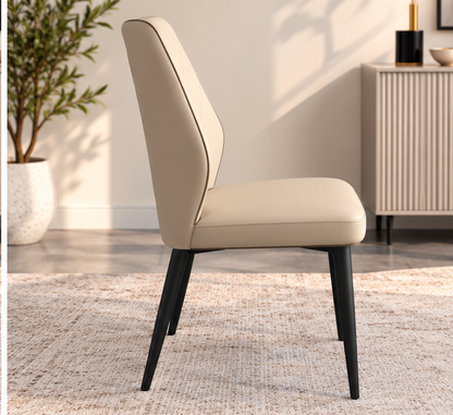 Set of 4 Modern Cream Beige Dining Chairs – Elegant V-Stitched Backrest & Black Metal Legs