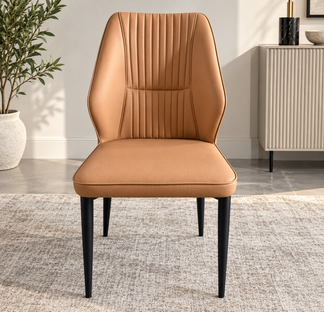 Modern Tan Brown Upholstered Dining Chair – Vertical Stitching & Black Metal Legs （set of 4 ）