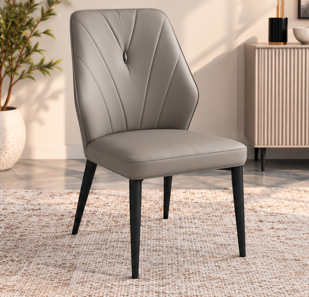Set of 4 Modern Taupe Grey Dining Chairs – V-Stitched Backrest & Black Metal Legs