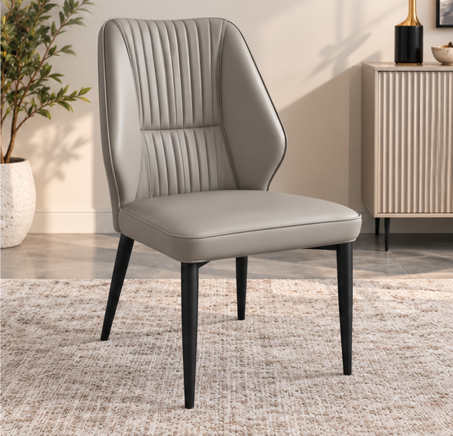 Modern Grey Upholstered Dining Chair – Elegant Vertical Stitching & Black Metal Legs（Set of 4 ）