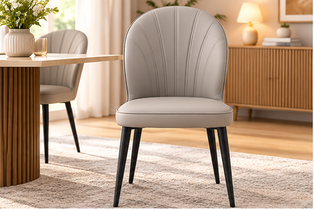 Modern Light Grey Upholstered Dining Chair – Elegant Curved Back with Black Metal Legs[Set of 4]