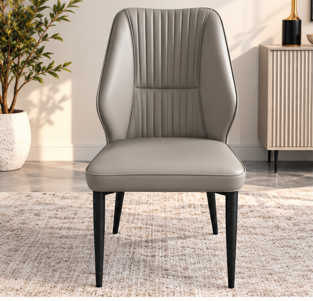 Modern Grey Upholstered Dining Chair – Elegant Vertical Stitching & Black Metal Legs（Set of 4 ）