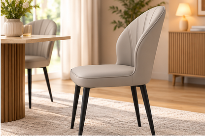 Modern Light Grey Upholstered Dining Chair – Elegant Curved Back with Black Metal Legs[Set of 4]