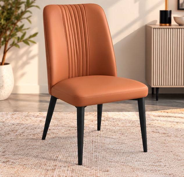 Set of 4 Modern Cognac Brown Dining Chairs – Vertical Stitch Backrest & Black Metal Legs