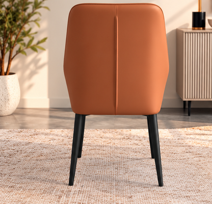 Set of 4 Modern Cognac Brown Dining Chairs – Vertical Stitch Backrest & Black Metal Legs