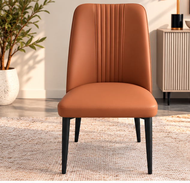 Set of 4 Modern Cognac Brown Dining Chairs – Vertical Stitch Backrest & Black Metal Legs