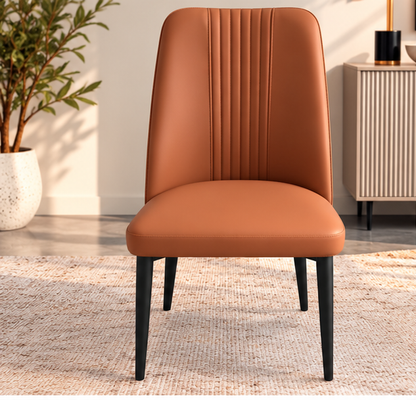 Set of 4 Modern Cognac Brown Dining Chairs – Vertical Stitch Backrest & Black Metal Legs