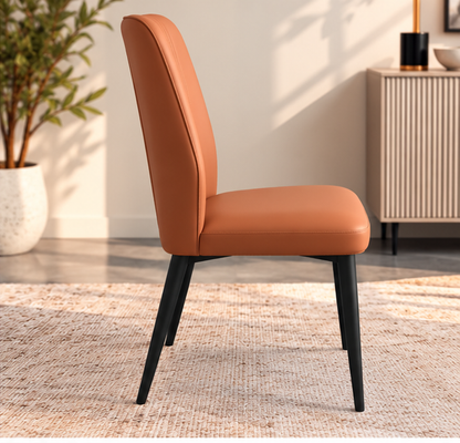 Set of 4 Modern Cognac Brown Dining Chairs – Vertical Stitch Backrest & Black Metal Legs