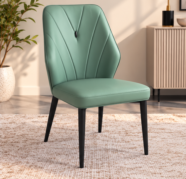 Set of 4 Modern Sage Green Dining Chairs – V-Stitched Backrest & Black Metal Legs