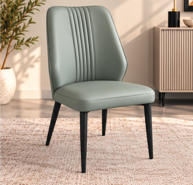 Set of 4 Modern Sage Grey Dining Chairs – Elegant Vertical Stitching & Black Metal Legs