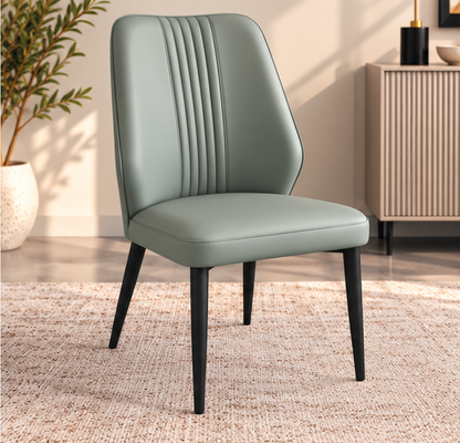 Set of 4 Modern Sage Grey Dining Chairs – Elegant Vertical Stitching & Black Metal Legs