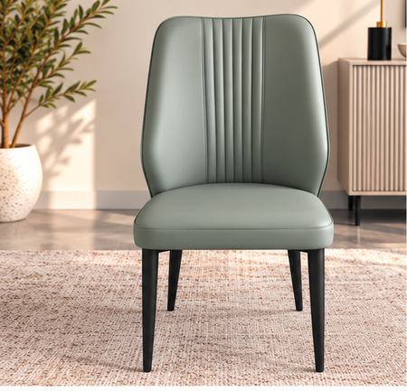 Set of 4 Modern Sage Grey Dining Chairs – Elegant Vertical Stitching & Black Metal Legs