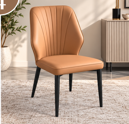 Set of 4 Modern Tan Brown Upholstered Dining Chairs – Fan-Stitched Backrest & Black Metal Legs
