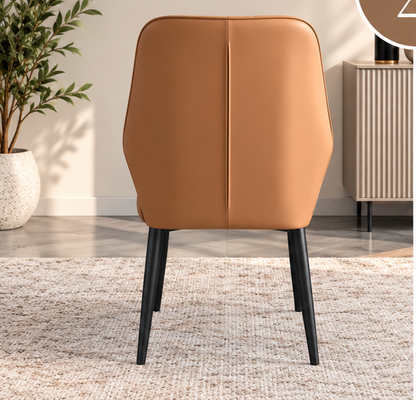 Set of 4 Modern Tan Brown Upholstered Dining Chairs – Fan-Stitched Backrest & Black Metal Legs