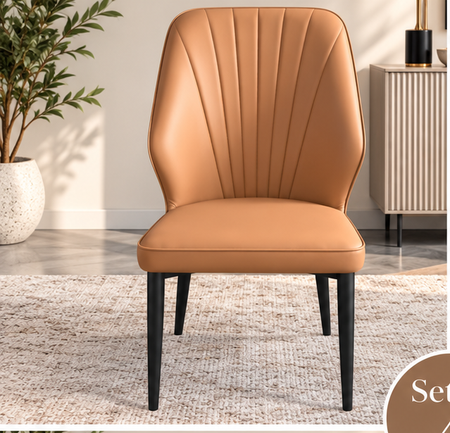 Set of 4 Modern Tan Brown Upholstered Dining Chairs – Fan-Stitched Backrest & Black Metal Legs