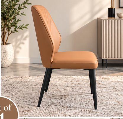 Set of 4 Modern Tan Brown Upholstered Dining Chairs – Fan-Stitched Backrest & Black Metal Legs