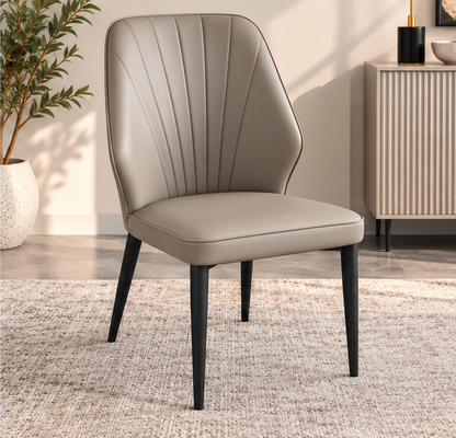 Set of 4 Modern Taupe Grey Upholstered Dining Chairs – Fan-Stitched Backrest & Black Metal Legs
