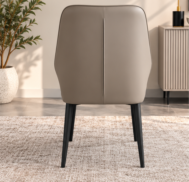 Set of 4 Modern Taupe Grey Upholstered Dining Chairs – Fan-Stitched Backrest & Black Metal Legs