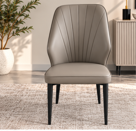 Set of 4 Modern Taupe Grey Upholstered Dining Chairs – Fan-Stitched Backrest & Black Metal Legs