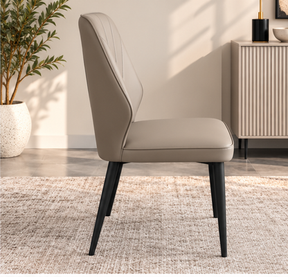 Set of 4 Modern Taupe Grey Upholstered Dining Chairs – Fan-Stitched Backrest & Black Metal Legs
